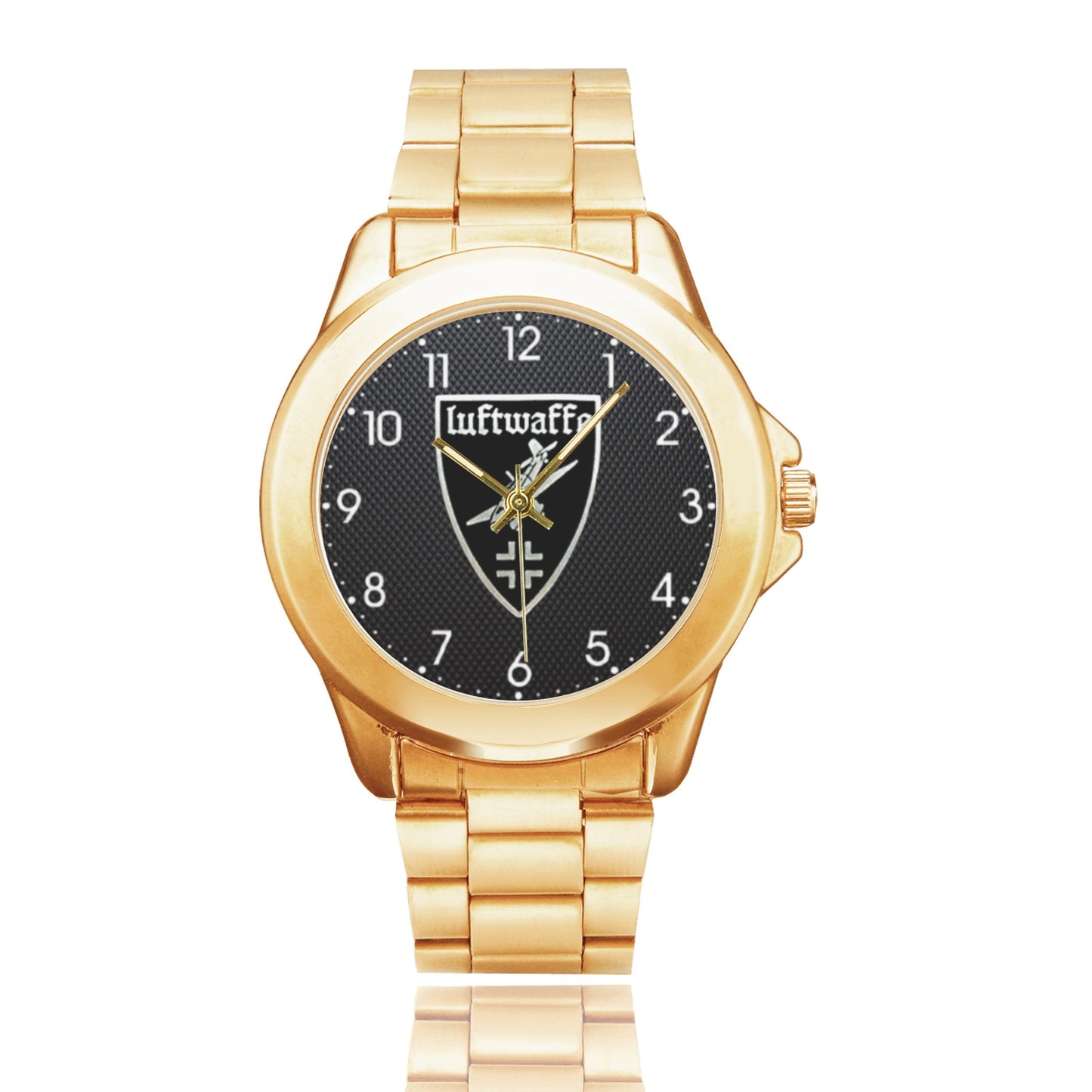 Men's Women's All Stainless Steel Luftwaffe Black Carbon Fiber Insignia Dial Gold Monogram Quartz Gift Aviator Watch Come With Name Or Name And Rank On Dial...