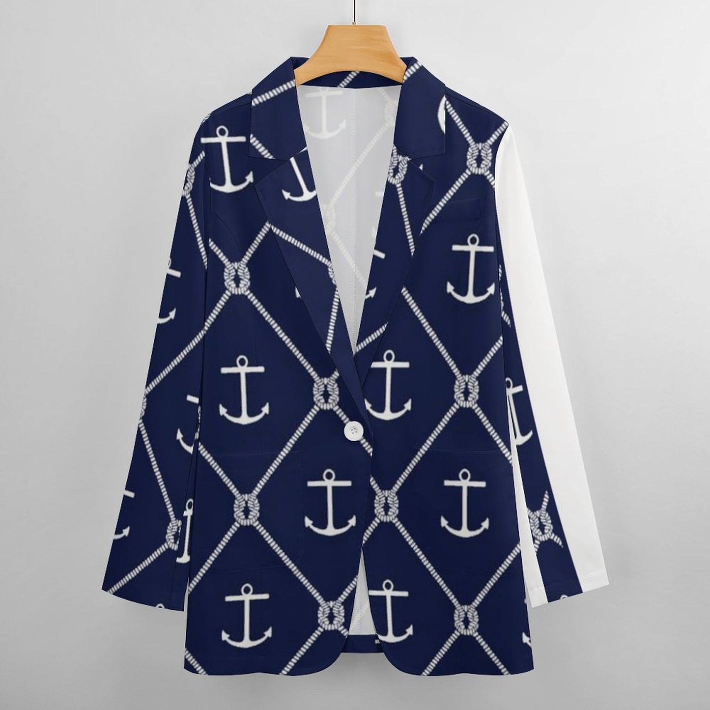 Women's Midnight Blue White Rope & Anchor Pattern Casual Formal Lightweight Blazer Design All Over Print Women's Blazer