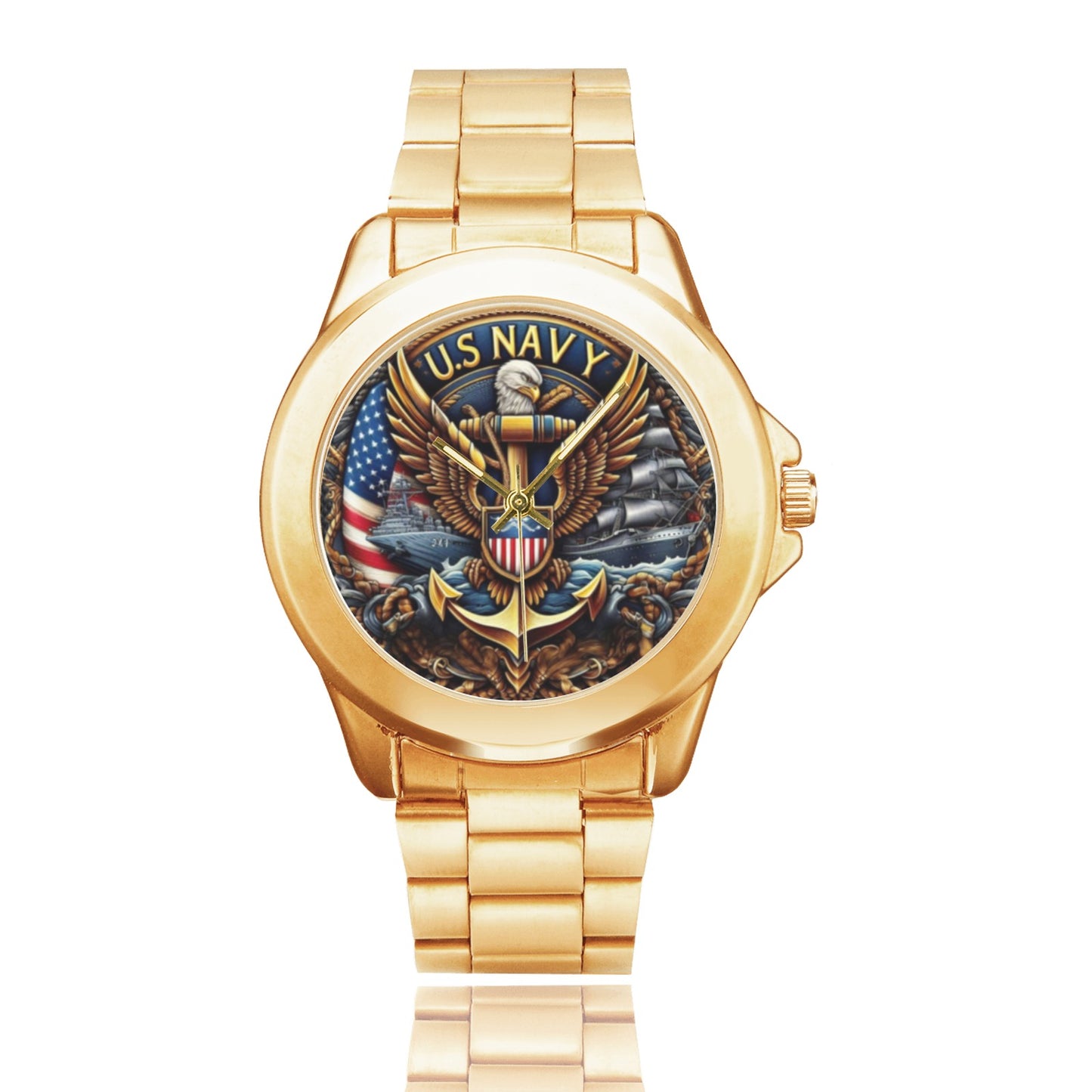 Men's Women's All Stainless Steel U.S. Navy Anniversary Insignia Gold Monogram Quartz Gift Watch Come With Name Or Name And Rank On Dial...
