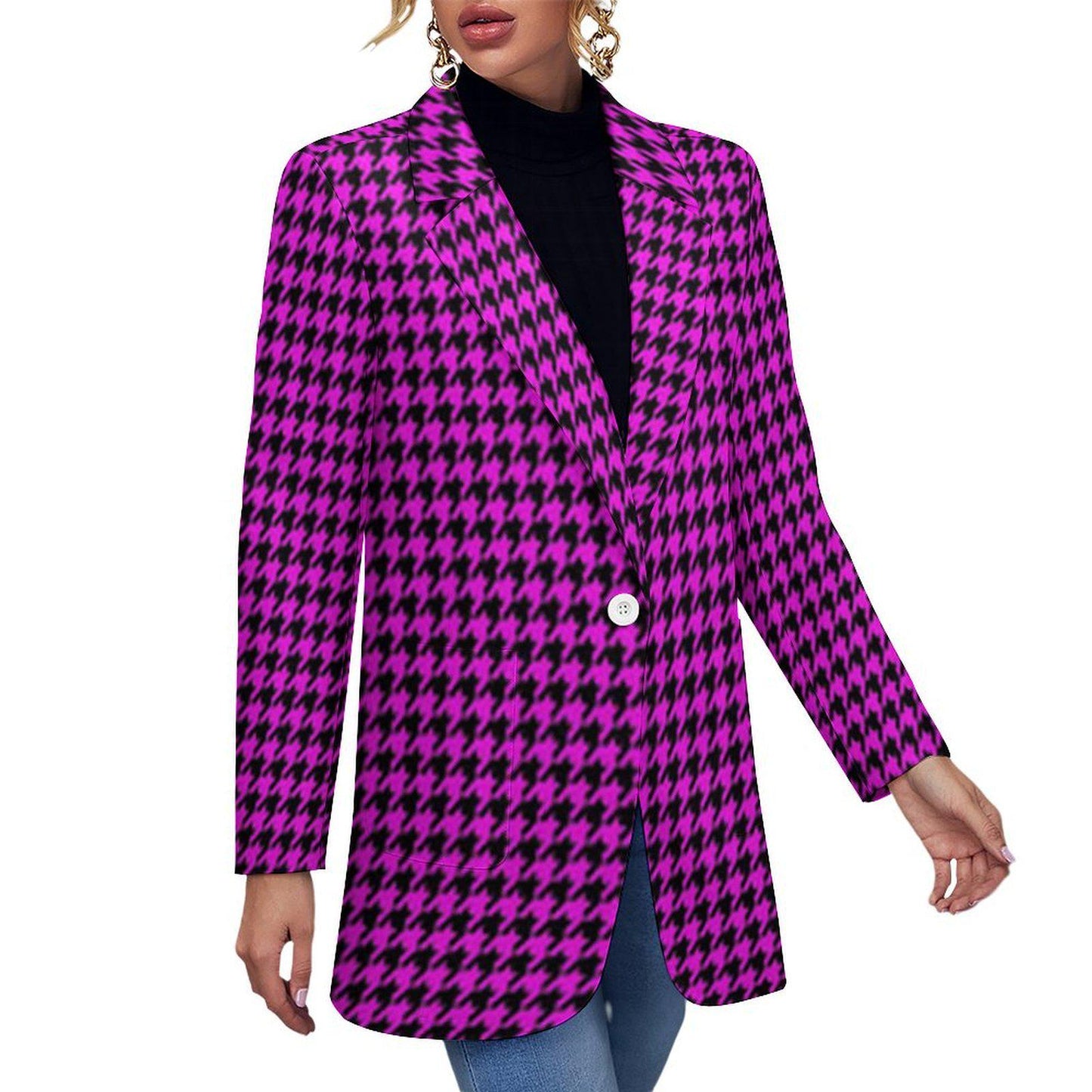 Women's Madison Avenue Purple & Black Houndstooth Pattern Design Print Blazer Jacket