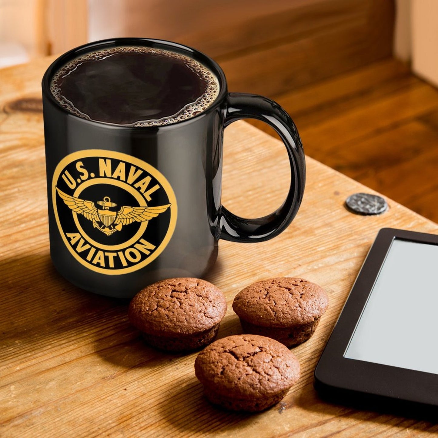 U.S. Naval Aviation Emblem On Black Ceramic Coffee Mug (Comes With Your Initials Or Rank And Name Free Of Charge On Mug!)