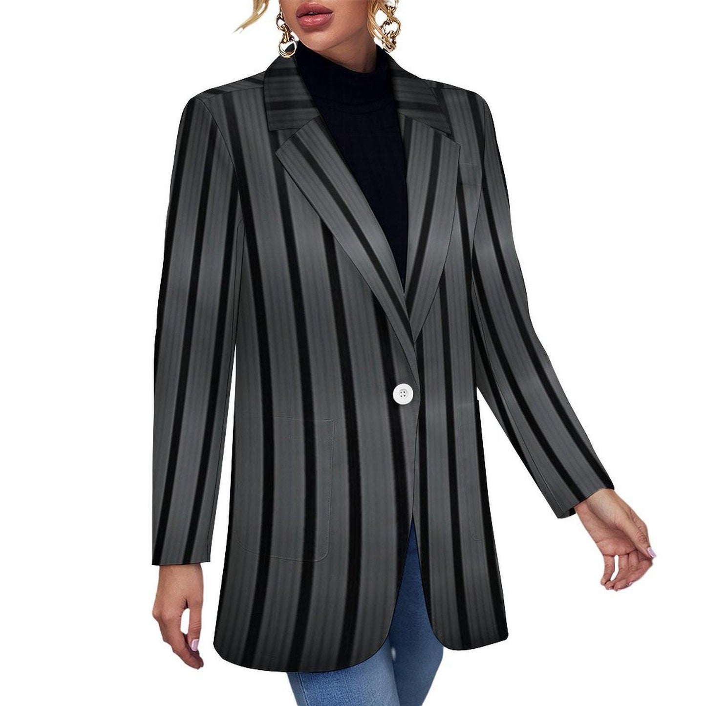 Women's Madison Ave Dark Gray Black Pinstripe Print Summer Dress and Event Blazer Jacket
