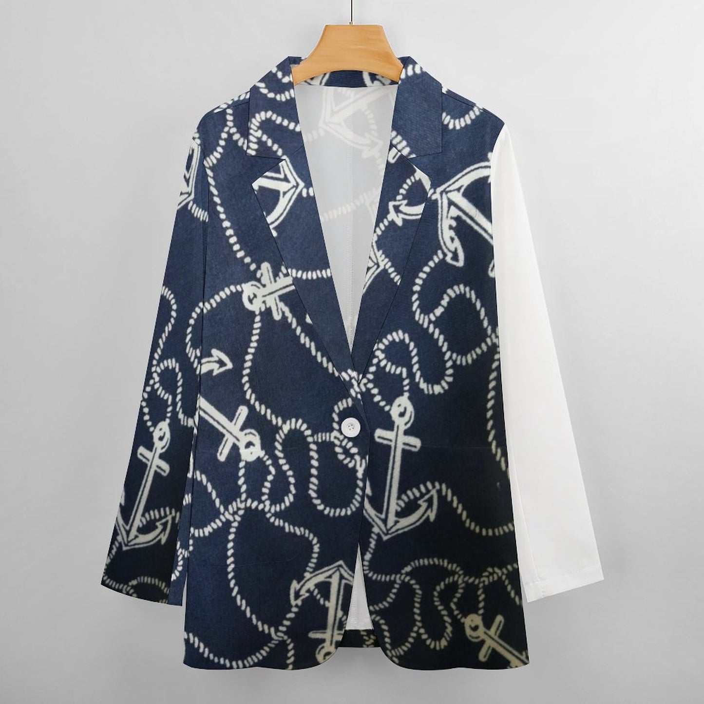 Women's Blue With Nautical Anchor And Rope Print Casual Formal Lightweight Blazer Design All Over Print Women's Blazer