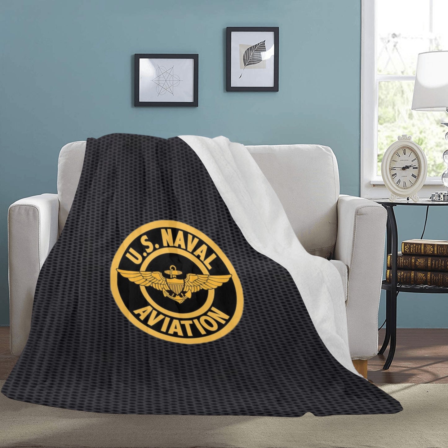 Large Black Microfiber Micro Fleece Flannel 70X80 Inch Soft Warm Monogram U.S. Naval Aviation Gold Insignia Black Blanket...