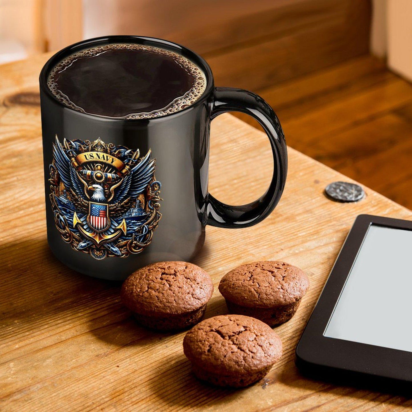 US Navy Anniversary Insignia Black Ceramic Monogram Coffee Mug...