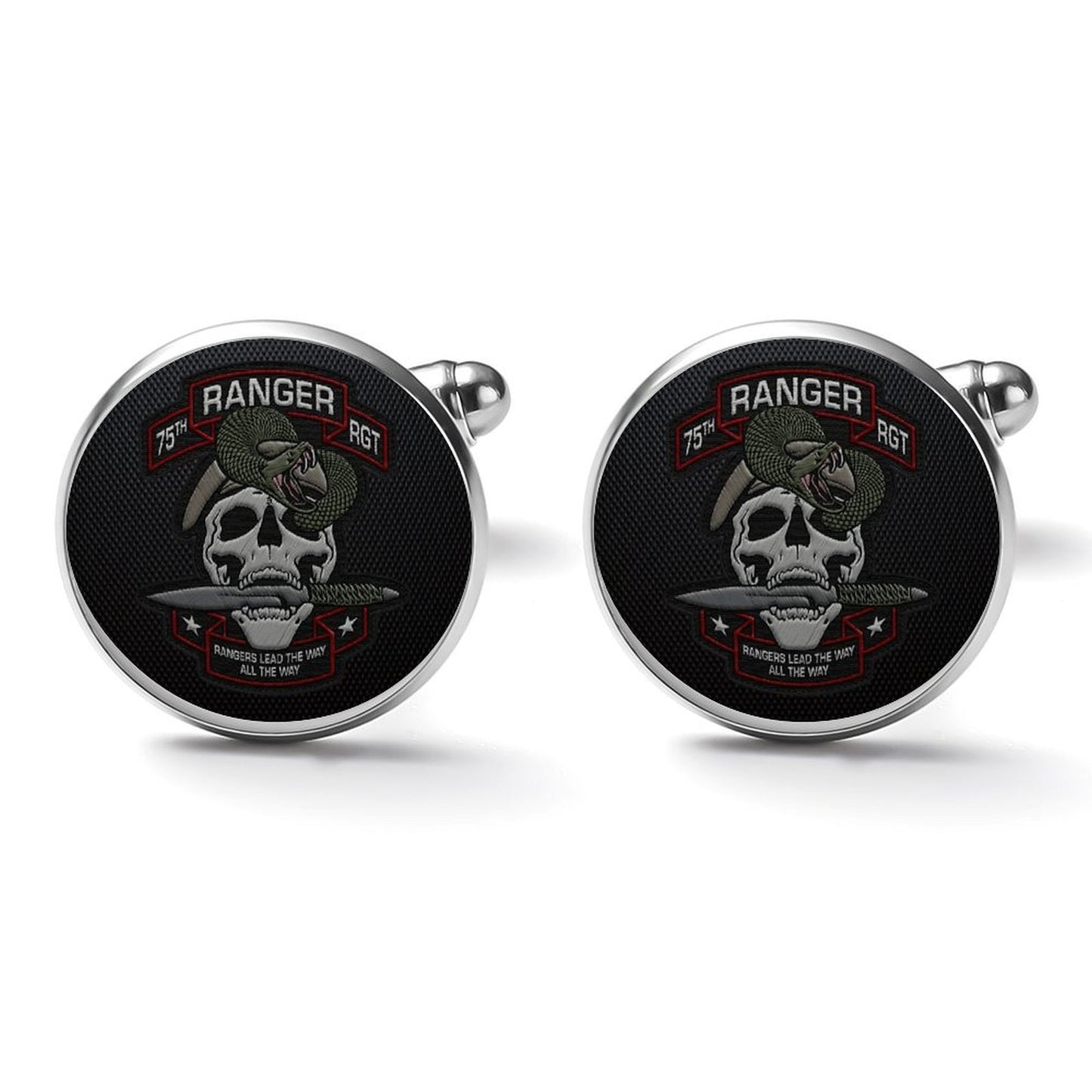 Men's Custom Made Alloy Silver W Black Carbon Fiber Background Ranger Skull Insignia In Black & Silver Come With Your Initials On Them....