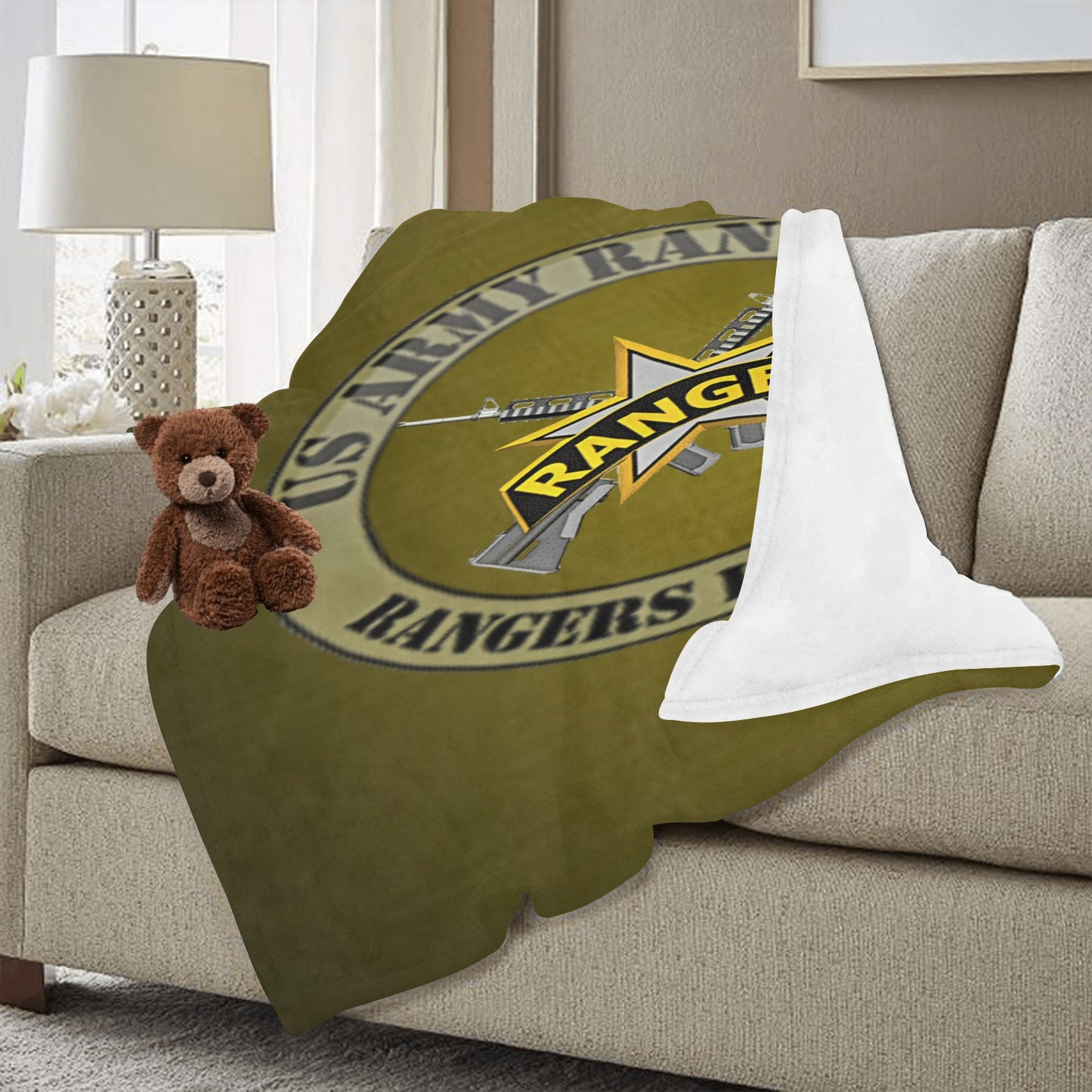 Army Green With US Army Rangers Yellow Black Insignia 70X80 Inch Large Micro Fleece Monogram Blanket Ultra-Soft Micro Fleece Blanket 60"x80" (Thick) Name Rank Can Be Put On This Blanket...