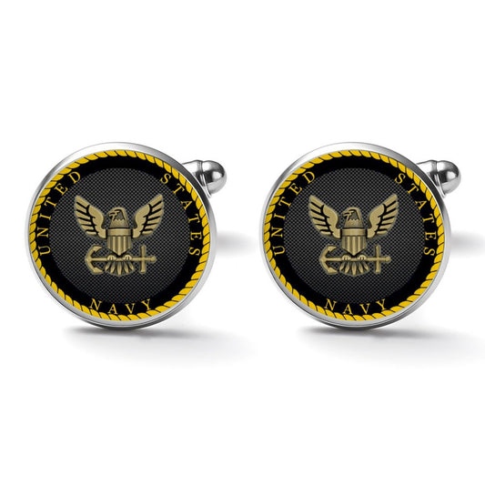 Men's Custom Made Alloy Silver W Black Carbon Fiber Background U.S. Navy Anchor Insignia In Black & Silver Come With Your Initials On Them....