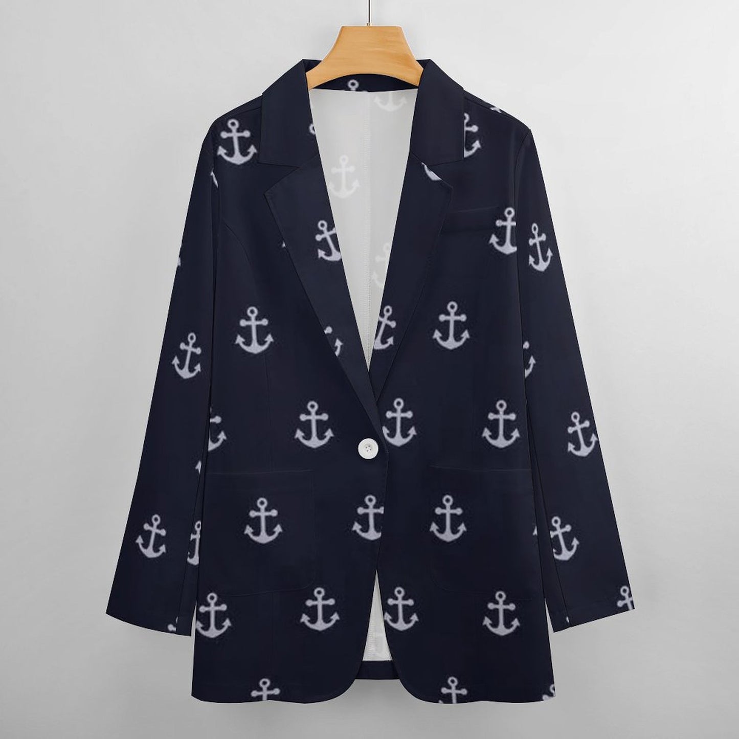 Women's Midnight Blue White Anchor Print Pattern Casual Formal Lightweight Blazer Design All Over Print Women's Blazer