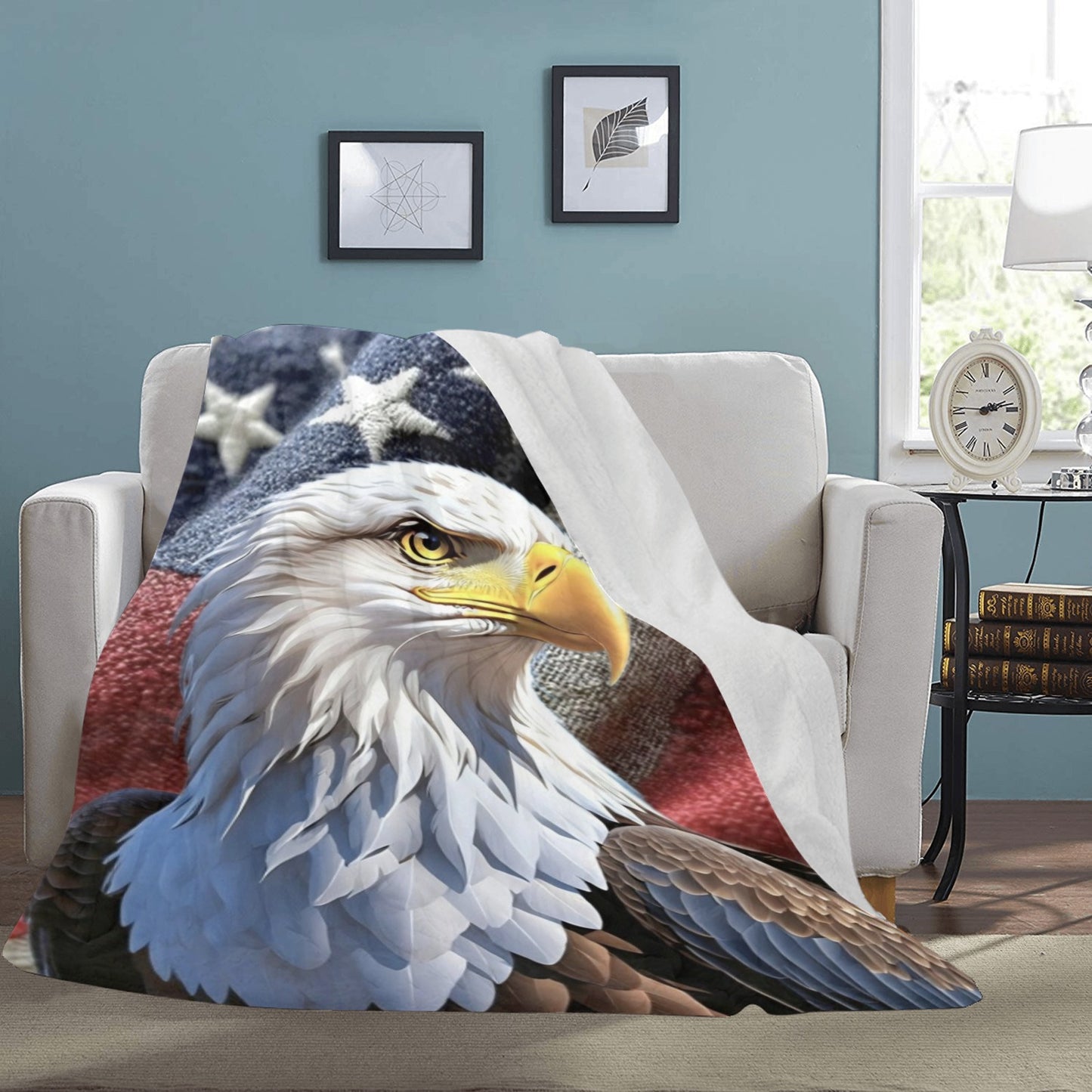 Large Black Microfiber Micro Fleece Flannel 70X80 Inch Soft Warm Monogram U.S. American Flag And Eagle Insignia Black Blanket...