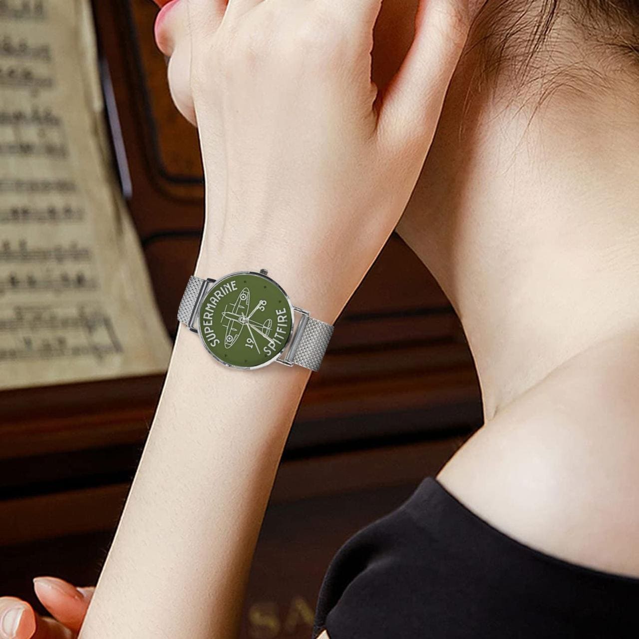 Men's Women's Vickers SuperMarine Green Spitfire Old Fashioned Dial Waterproof Monogram Stainless Steel Dress Aviator Watch Come With Name Or Name And Rank On Dial...