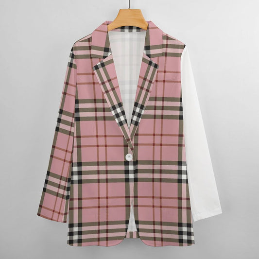 Women's Madison Ave Pink Black White & Red Plaid Fall Pattern Design Monogram Formal Casual Blazer Initials Can Be Put On Lapel For Free.......