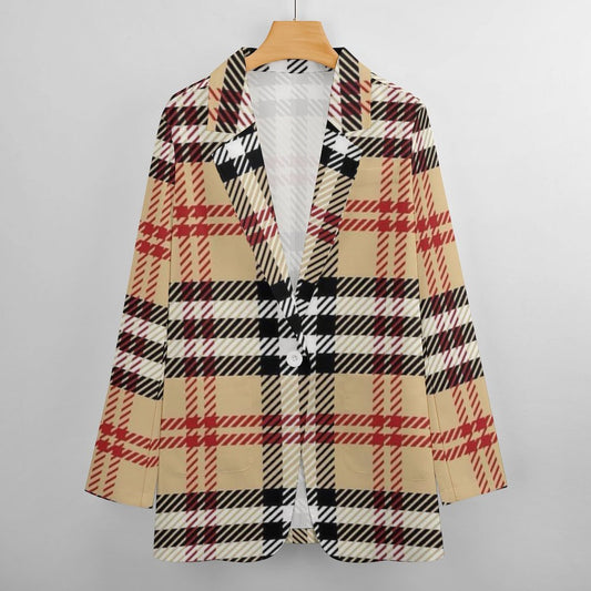 Women's Madison Ave Brown Black White & Red Plaid Fall Pattern Design Monogram Formal Casual Blazer Initials Can Be Put On Lapel For Free...