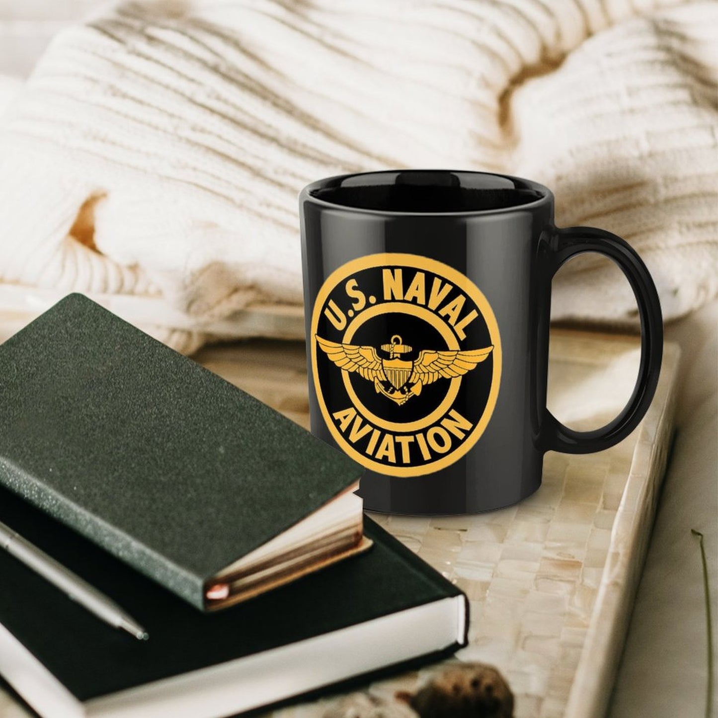 U.S. Naval Aviation Emblem On Black Ceramic Coffee Mug (Comes With Your Initials Or Rank And Name Free Of Charge On Mug!)