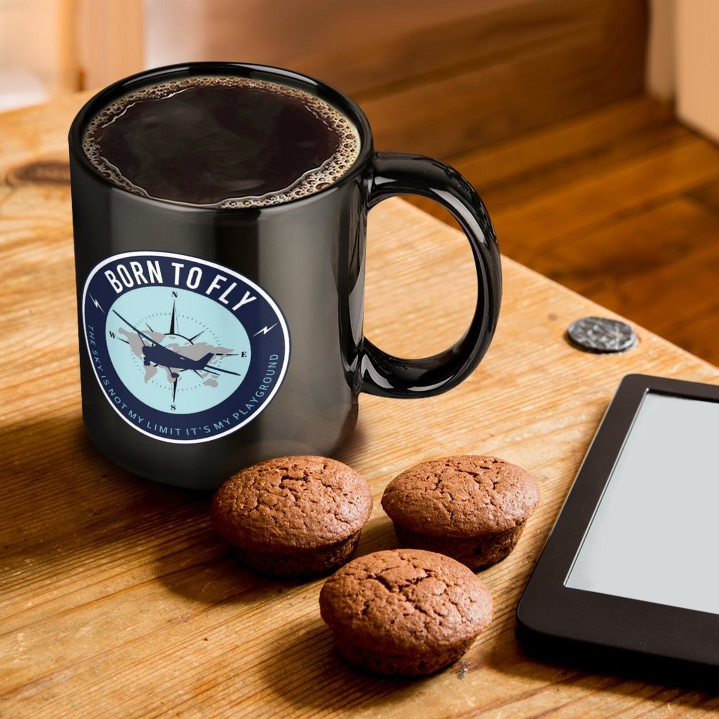 U.S. Naval Aviation BORN TO FLY Emblem On Black Ceramic Coffee Mug (Comes With Your Initials Or Rank And Name Free Of Charge On Mug!)