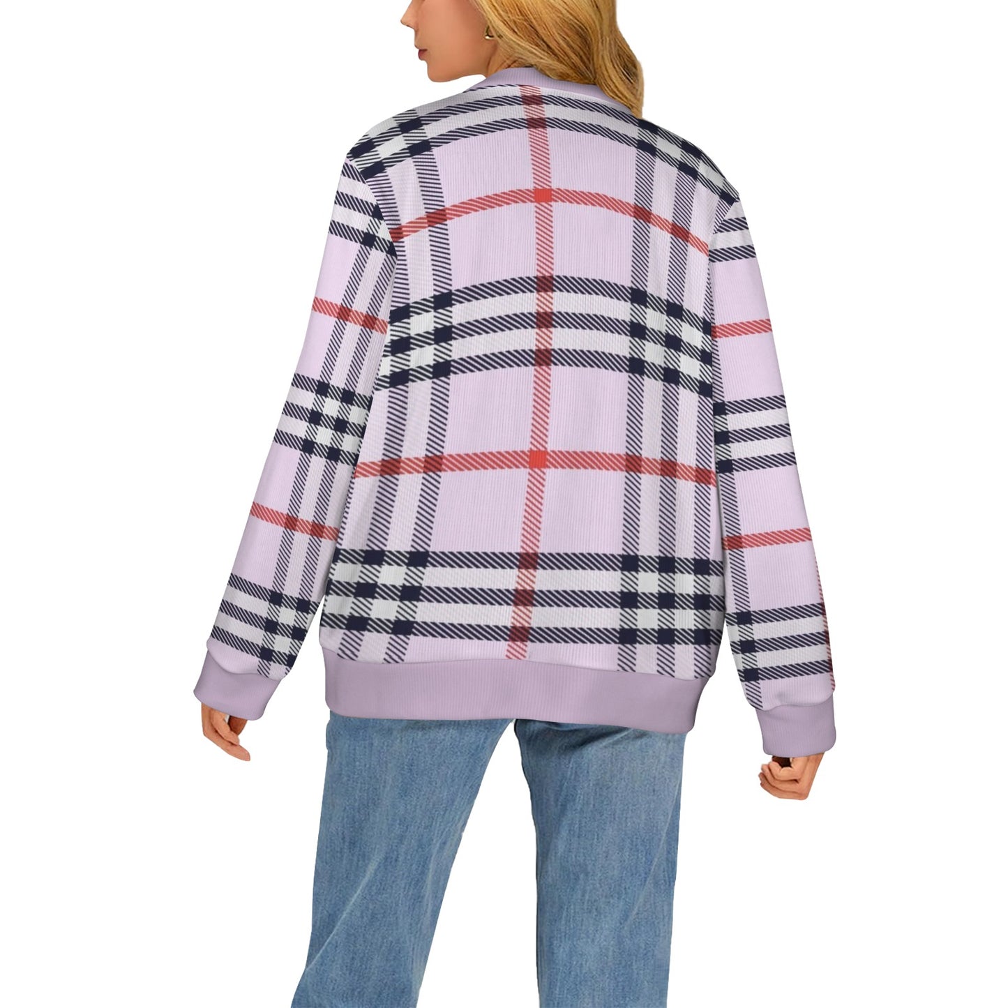 Women's Cardigan Burb Design Lightblue Red Black Plaid Fall Season Women's Ribbed Cardigan (Model H73)