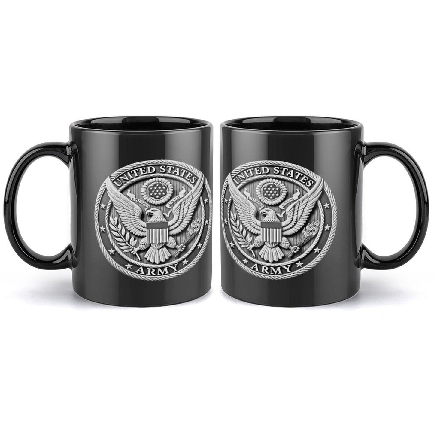 United States Army Silver Emblem On Black Ceramic Coffee Mug (Comes With Your Initials Or Rank And Name Free Of Charge On Mug!)