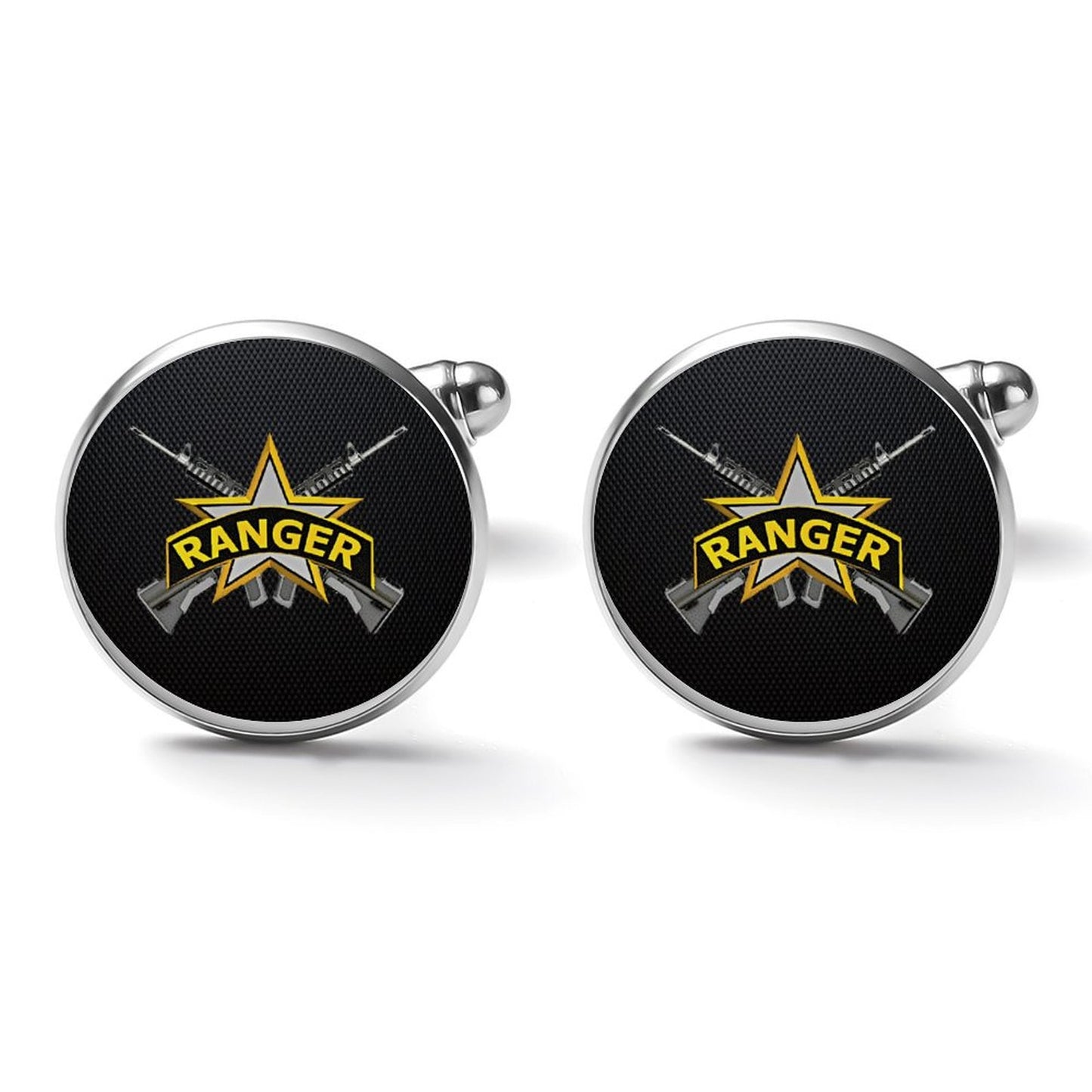 Men's Custom Made Alloy Silver W Black Carbon Fiber Background Ranger Weapons Insignia In Black & Silver Come With Your Initials On Them....