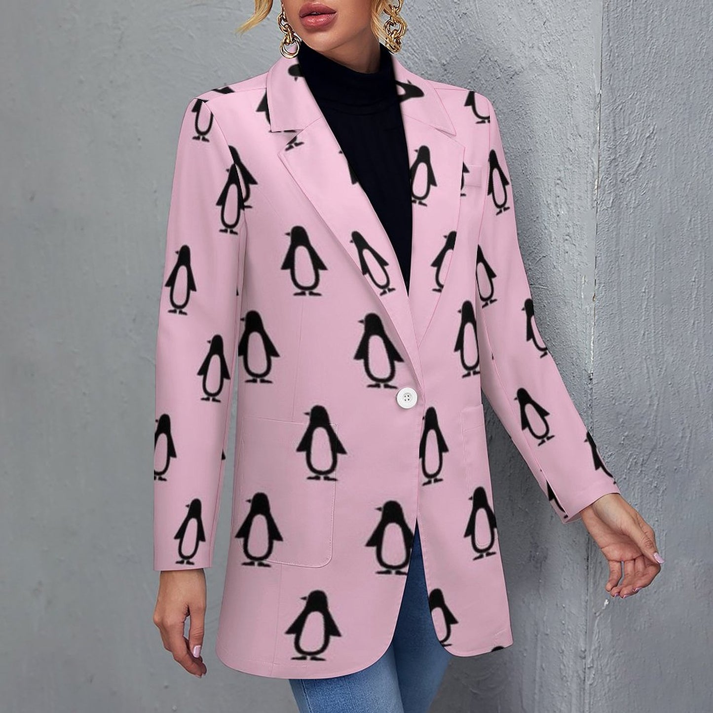 Women's Pink And Black Penguins Casual Formal Lightweight Blazer Design All Over Print Women's Blazer