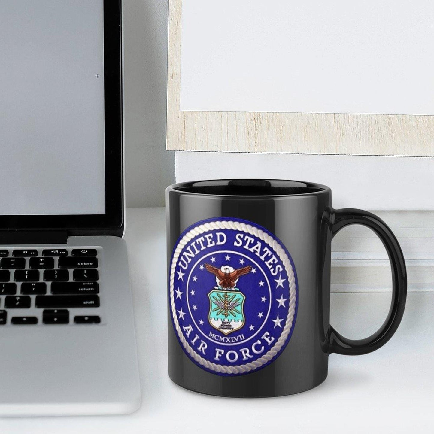United States Air Force White & Blue Emblem On Black Ceramic Coffee Mug (Comes With Your Initials Or Rank And Name Free Of Charge On Mug!)