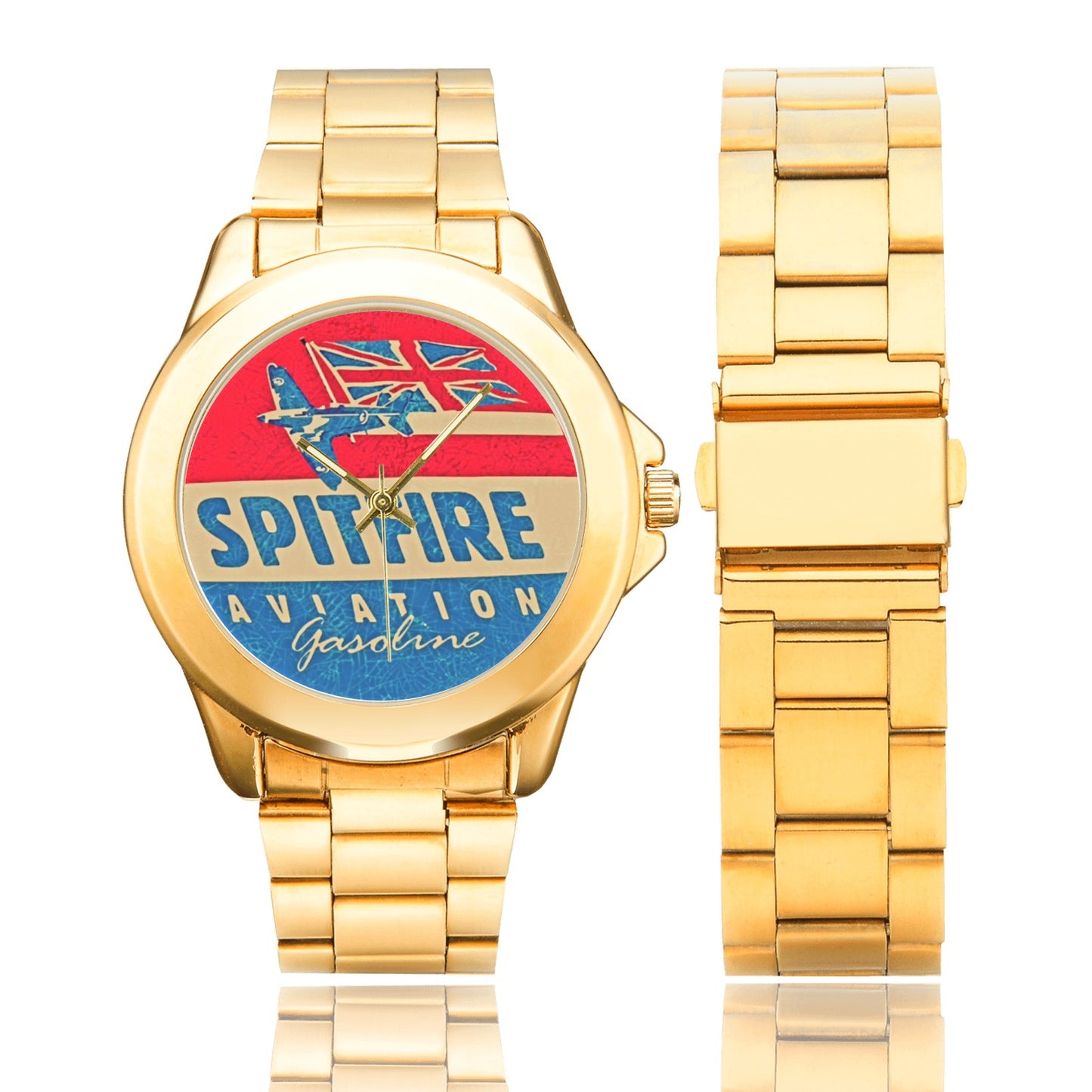 All Stainless Steel Spitfire Aviation Insignia Gold Monogram Gift Watch Custom Gilt Watch(Model 101) Come With Name Or Name And Rank On Dial...