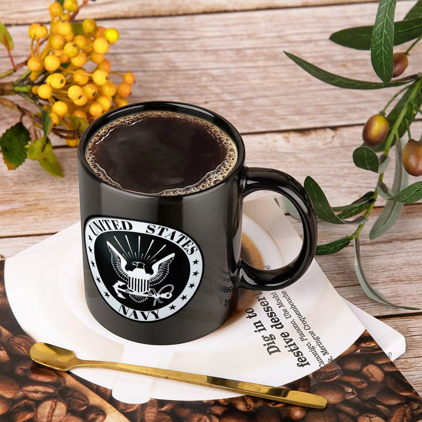 United States Navy White Emblem On Black Ceramic Coffee Mug (Comes With Your Initials Or Rank And Name Free Of Charge On Mug!)