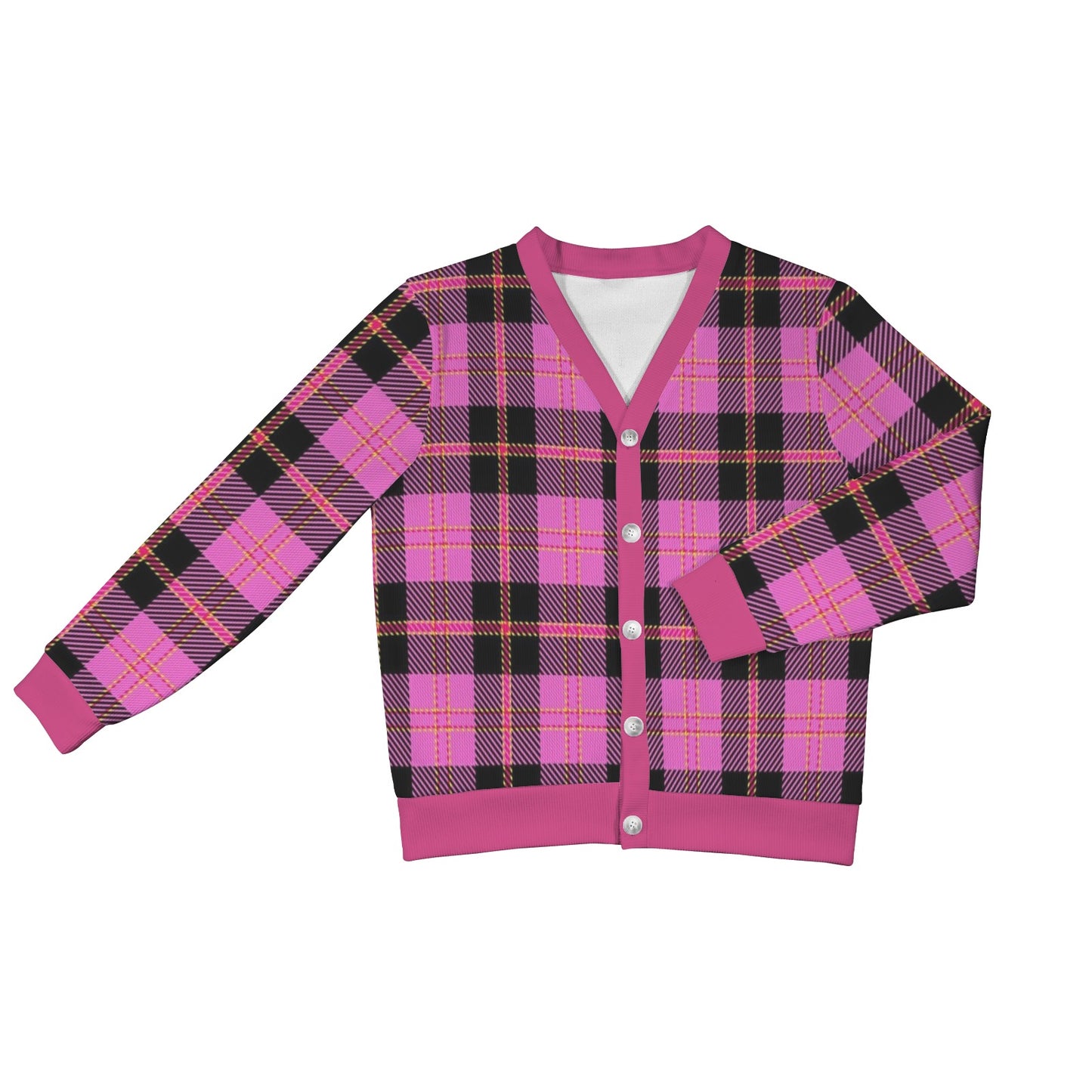 Women's Cardigan Burb Design Fuchsia Black Plaid Fall Season Women's Ribbed Cardigan (Model H73)