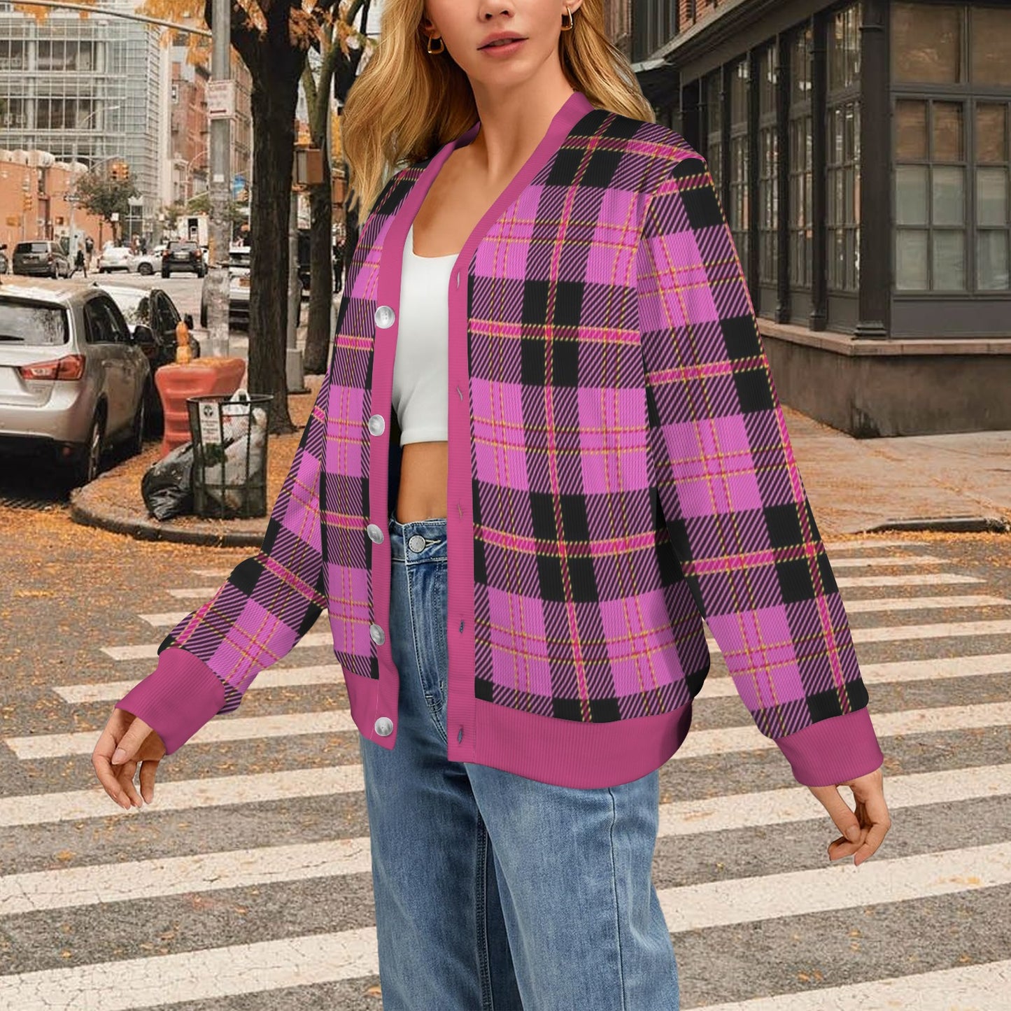 Women's Cardigan Burb Design Fuchsia Black Plaid Fall Season Women's Ribbed Cardigan (Model H73)