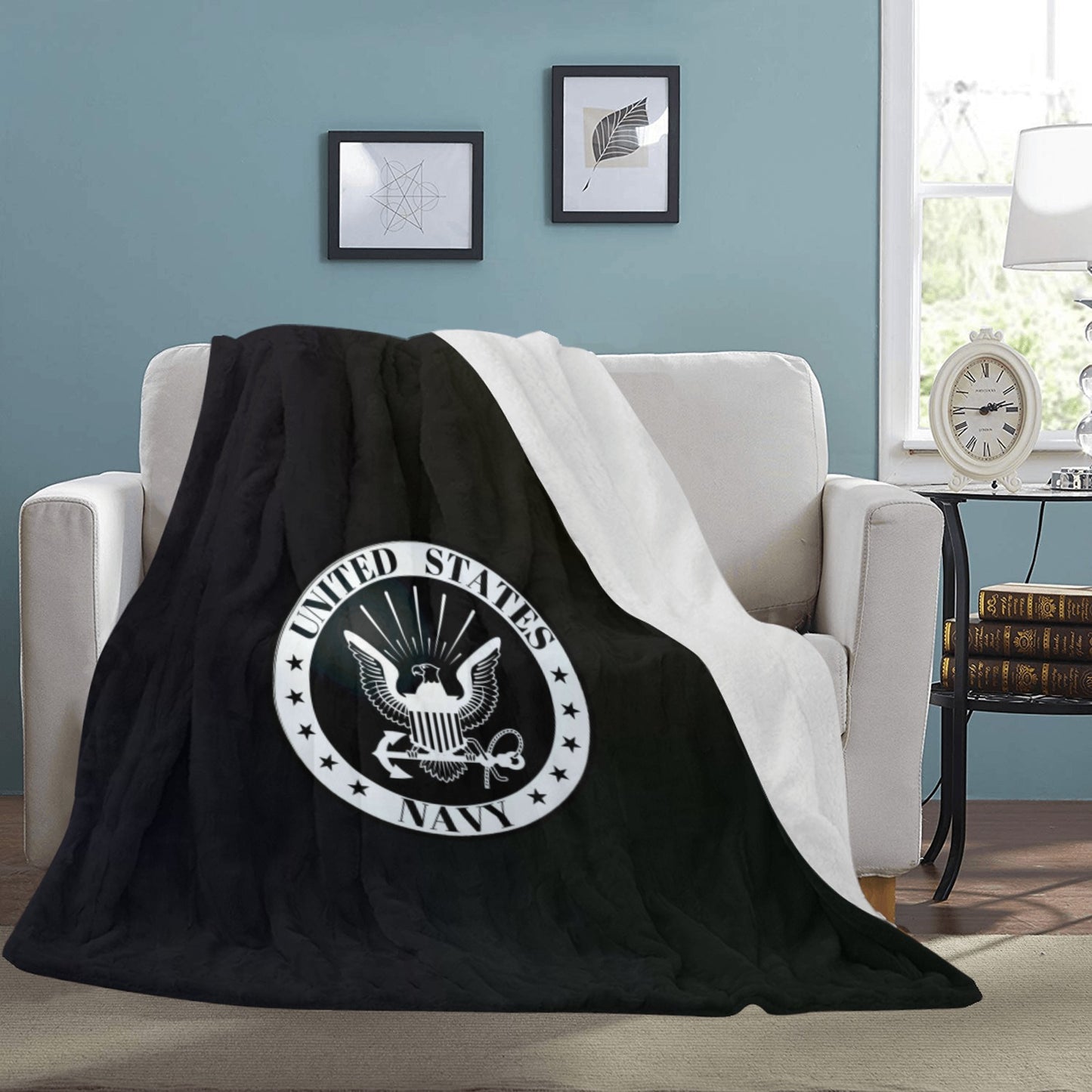 Large Black Microfiber Micro Fleece Flannel 70X80 Inch Soft Warm Monogram U.S. Navy White Insignia Black Blanket...