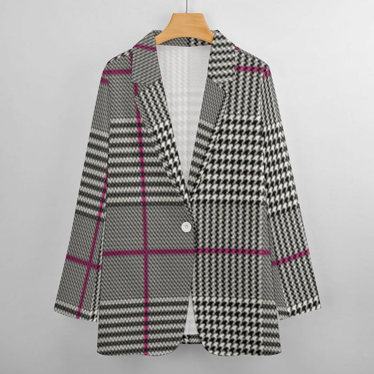 Women's Madison Ave Gray Black & Pink Plaid Fall Pattern Design Monogram Formal Casual Blazer Initials Can Be Put On Lapel For Free.......