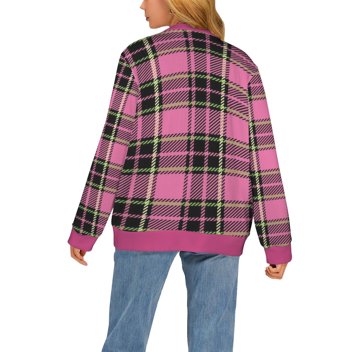Women's Cardigan Burb Design Fuchsia Green Black Plaid Fall Season Women's Ribbed Cardigan (Model H73)