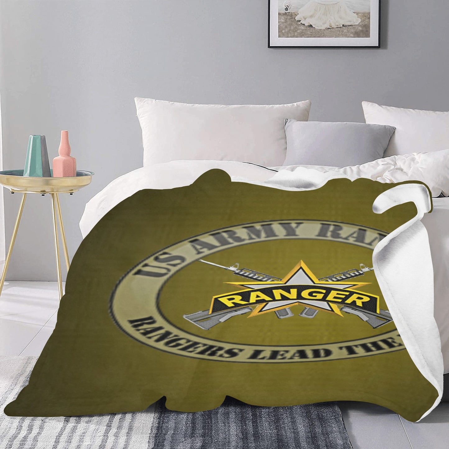 Army Green With US Army Rangers Yellow Black Insignia 70X80 Inch Large Micro Fleece Monogram Blanket Ultra-Soft Micro Fleece Blanket 60"x80" (Thick) Name Rank Can Be Put On This Blanket...