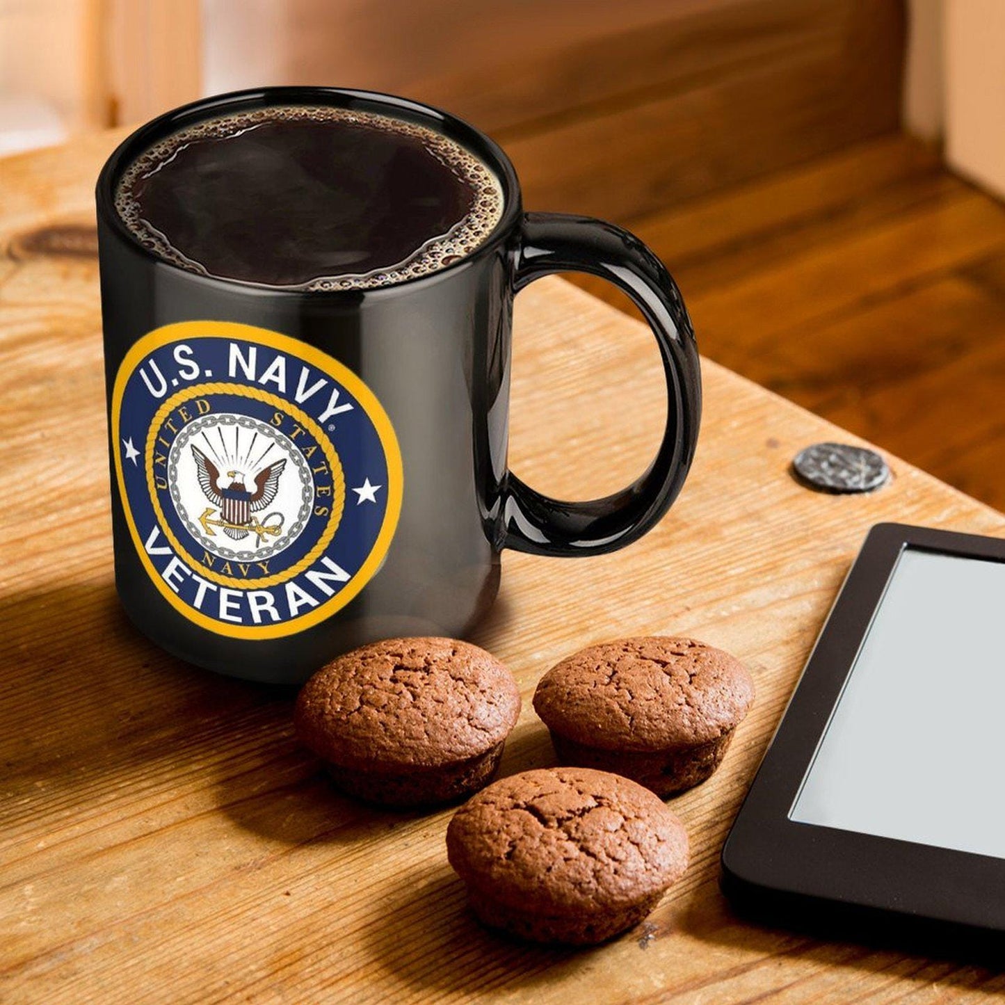United States Navy Veteran Black Ceramic Coffee Mug That Comes With Your Initials Or Rank And Name Free Of Additional Charges.