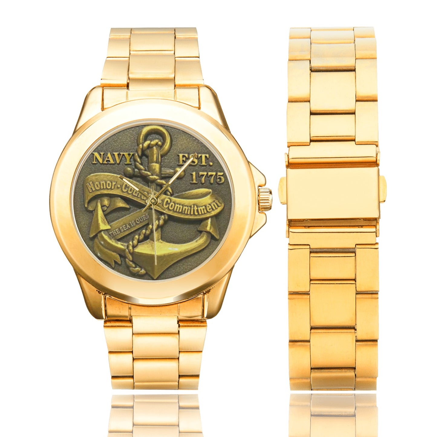 Men's Women's All Stainless Steel U.S. Navy Anniversary Insignia Dial Gold Monogram Quartz Gift Watch Come With Name Or Name And Rank On Dial...