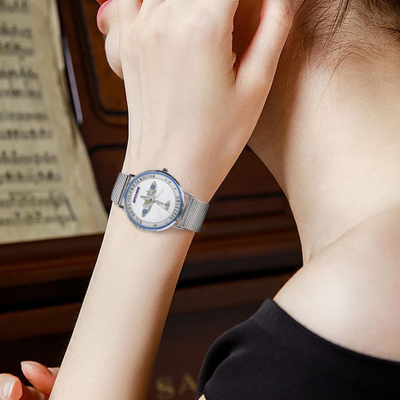 Men's Women's Vickers SuperMarine Spitfire White W Blue Dial Waterproof Monogram Silver Stainless Steel Dress Aviator Watch Come With Name Or Name And Rank On Dial...