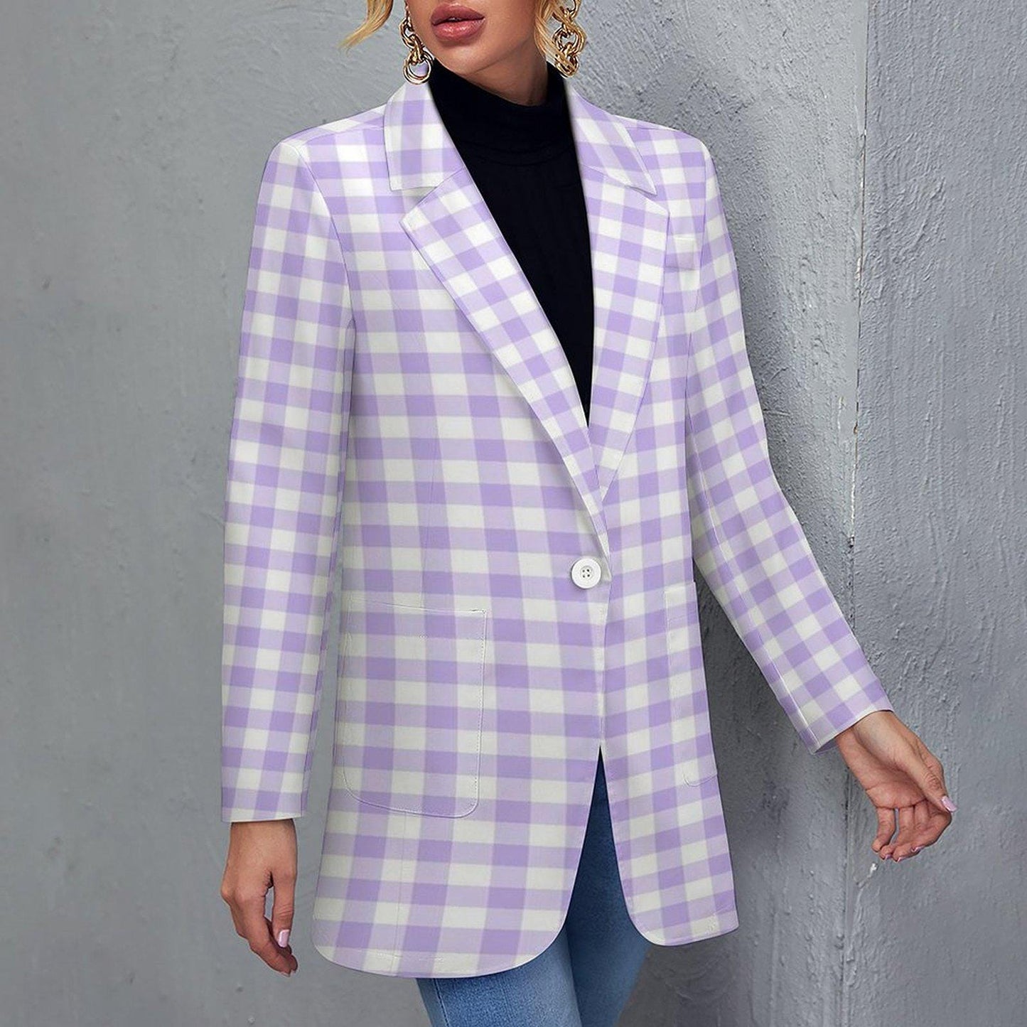 Women's Checkered Light Purple Pink & White Formal Summer Fun Event Blazer Jacket