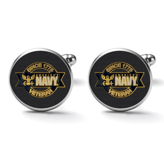 Men's Custom Made Alloy Silver W Black Carbon Fiber Background U.S. Navy Veteran Insignia In Black & Silver Come With Your Initials On Them....