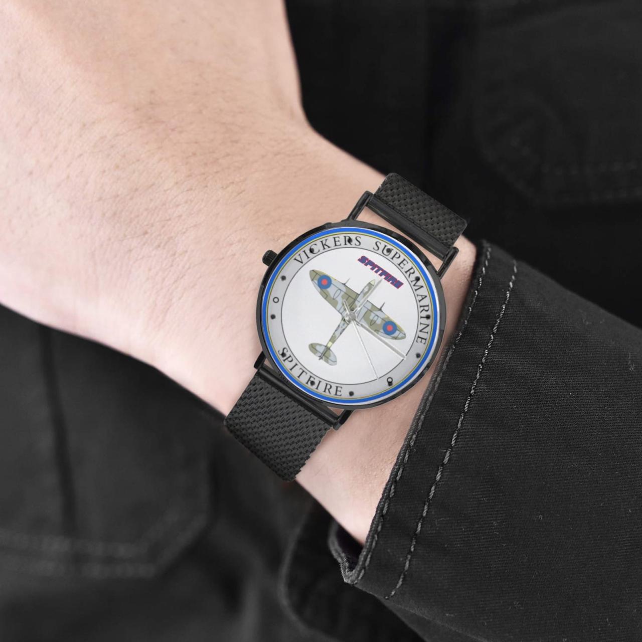 Men's Women's Vickers SuperMarine Spitfire White W Blue Dial Waterproof Monogram Black Stainless Steel Dress Aviator Watch Come With Name Or Name And Rank On Dial...