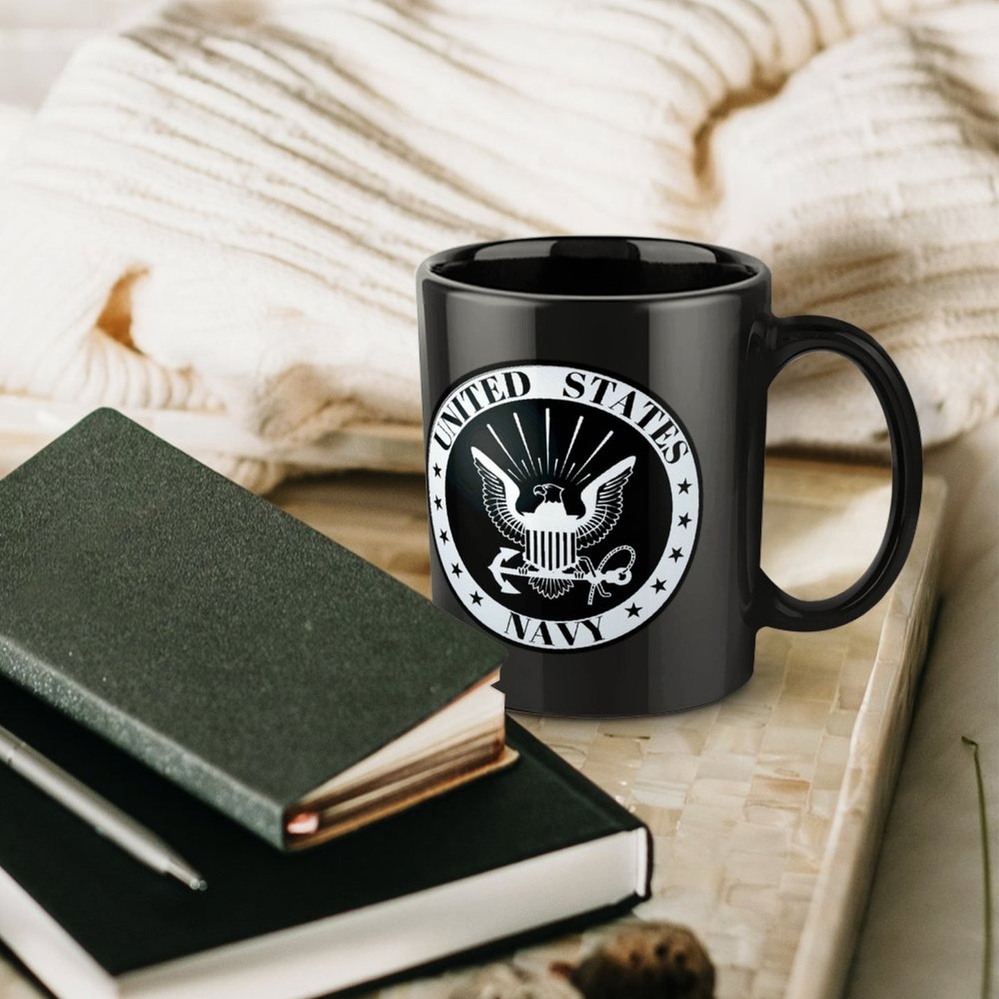 United States Navy White Emblem On Black Ceramic Coffee Mug (Comes With Your Initials Or Rank And Name Free Of Charge On Mug!)