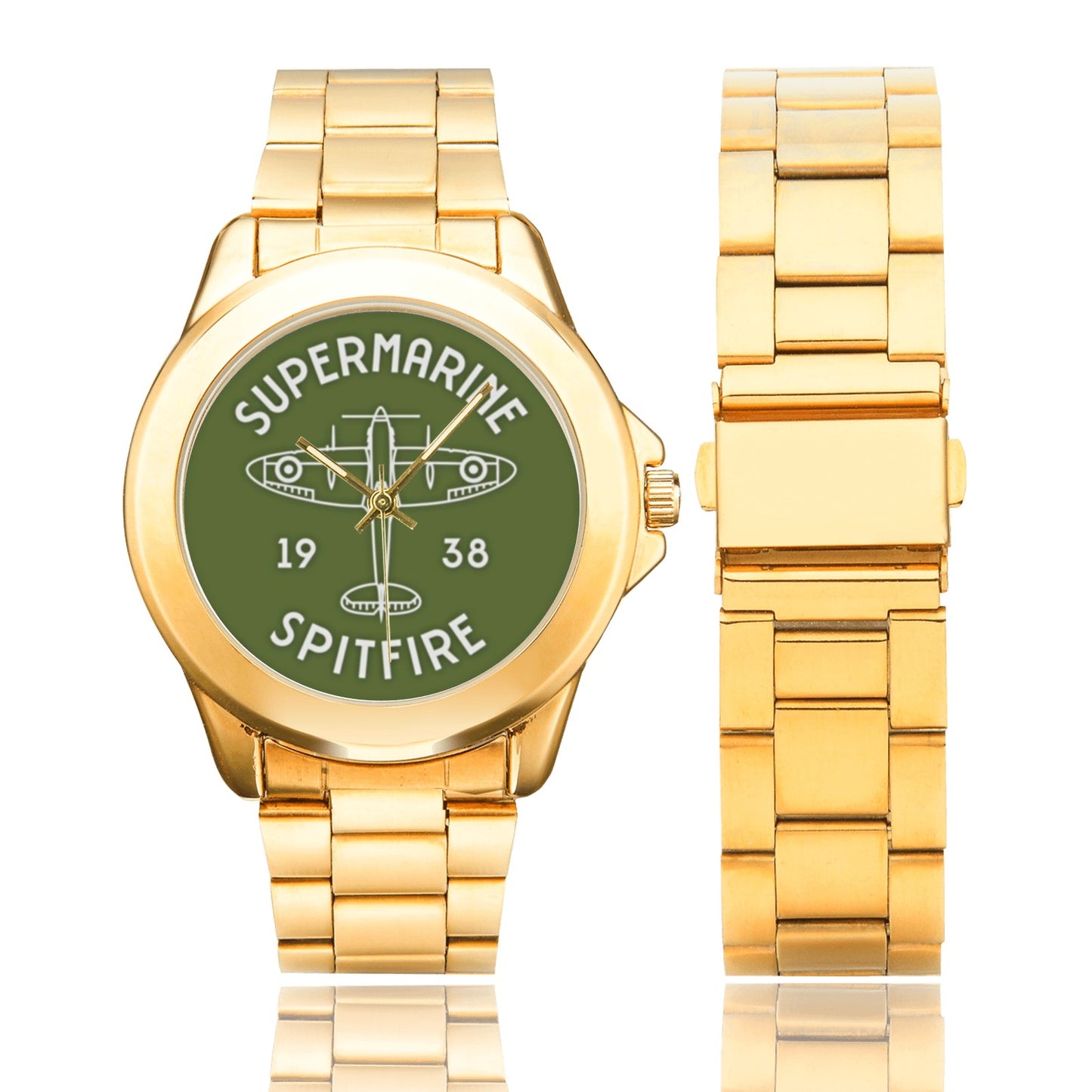 All Stainless Steel Spitfire Aviation Green White Insignia Gold Monogram Gift Watch Custom Gilt Watch(Model 101) Come With Name Or Name And Rank On Dial...