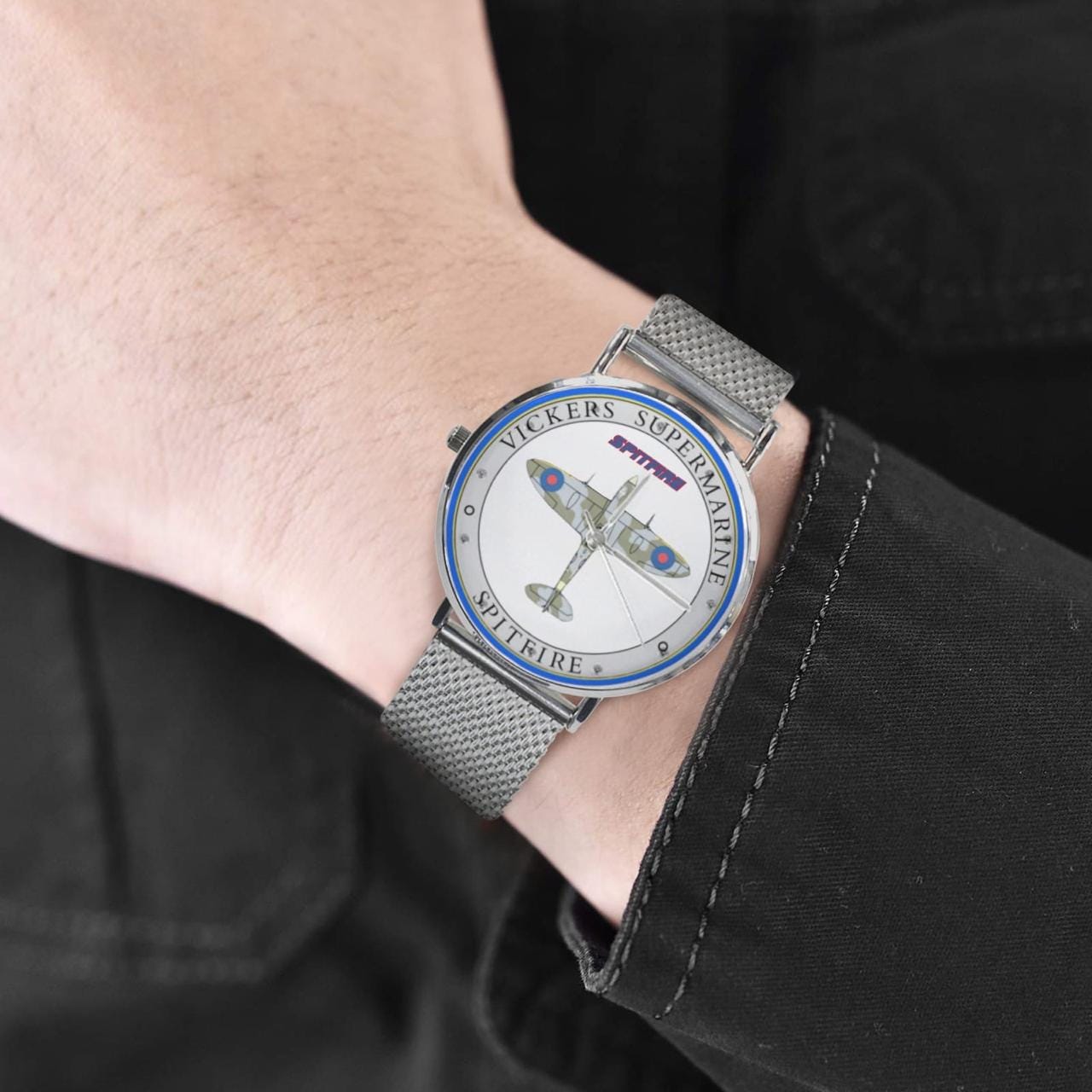 Men's Women's Vickers SuperMarine Spitfire White W Blue Dial Waterproof Monogram Silver Stainless Steel Dress Aviator Watch Come With Name Or Name And Rank On Dial...