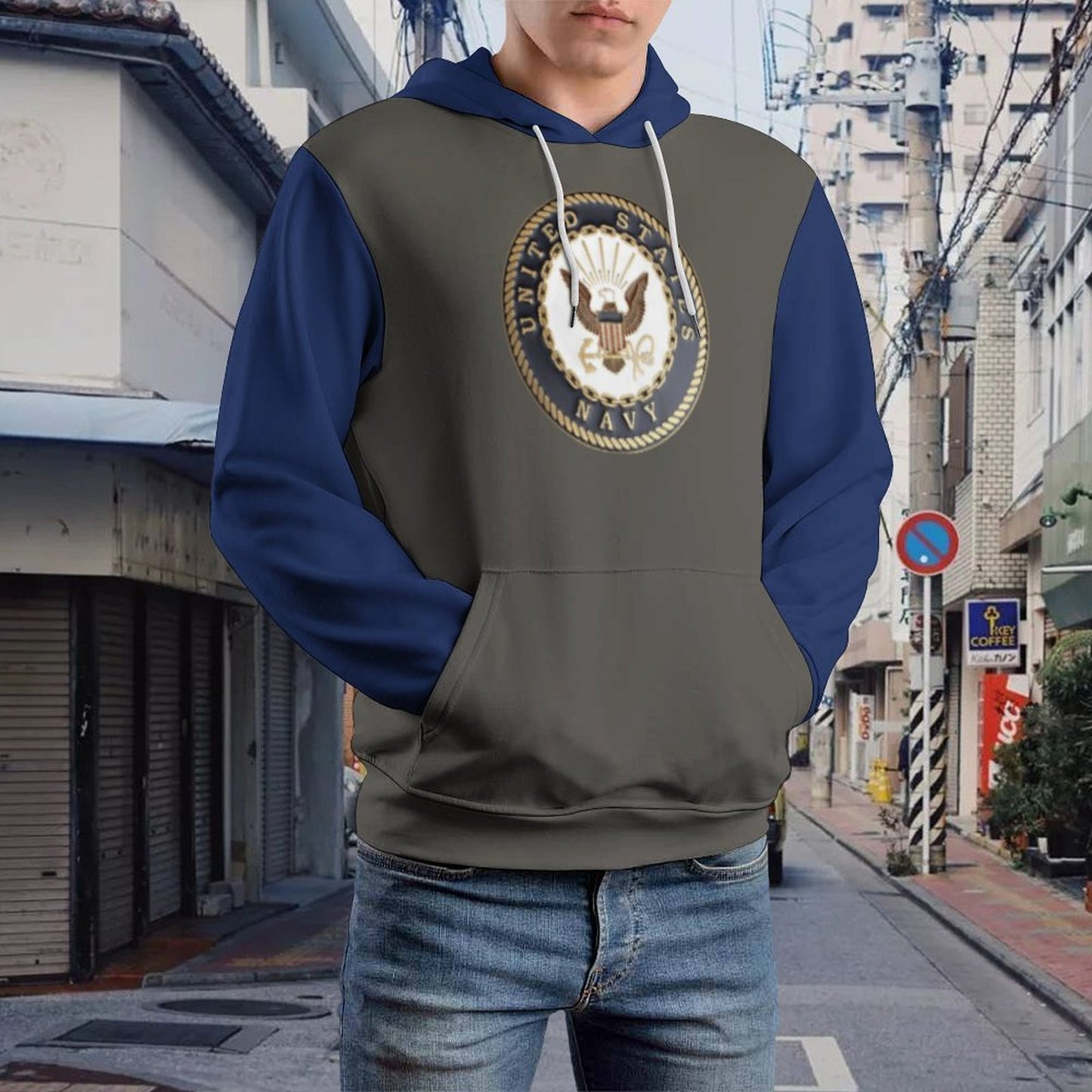 Men's Women's Madison Ave U.S. Navy Emblem Gray Blue Soft Double Layer Loose Fitting Hoodie