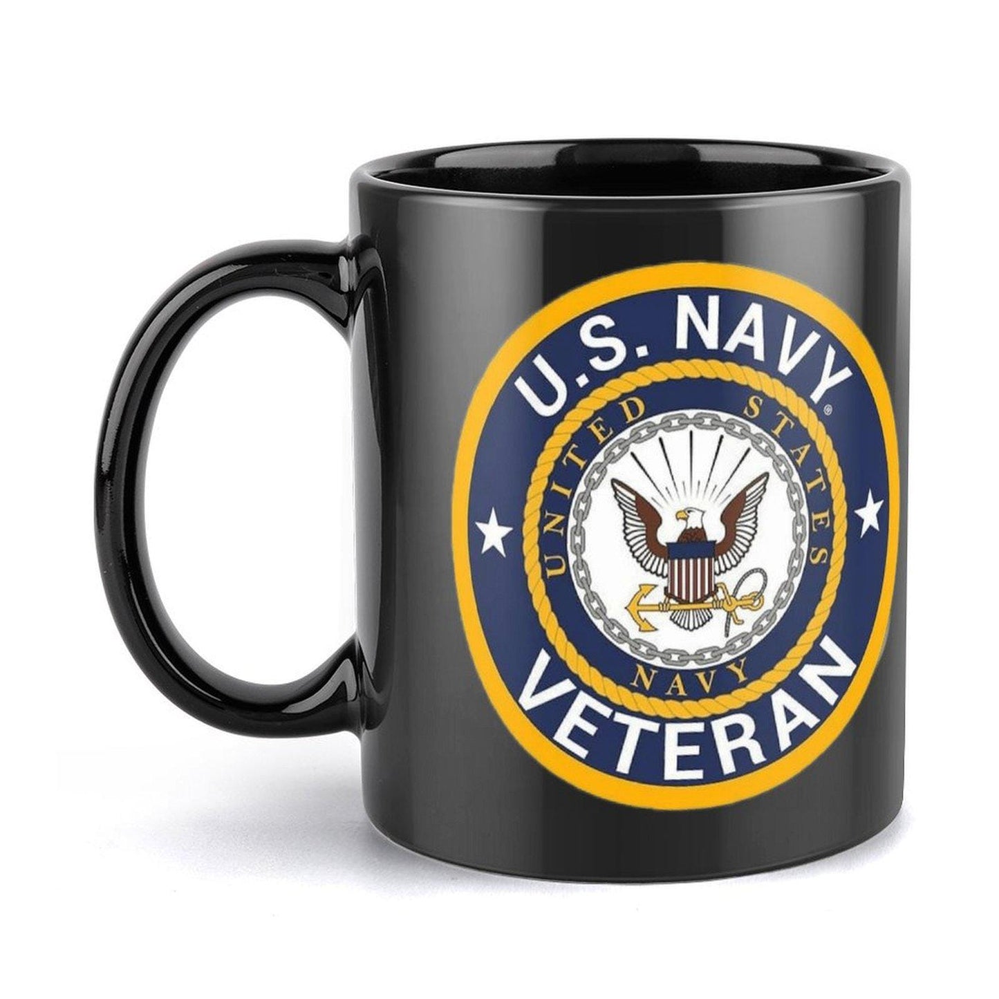 United States Navy Veteran Black Ceramic Coffee Mug That Comes With Your Initials Or Rank And Name Free Of Additional Charges.