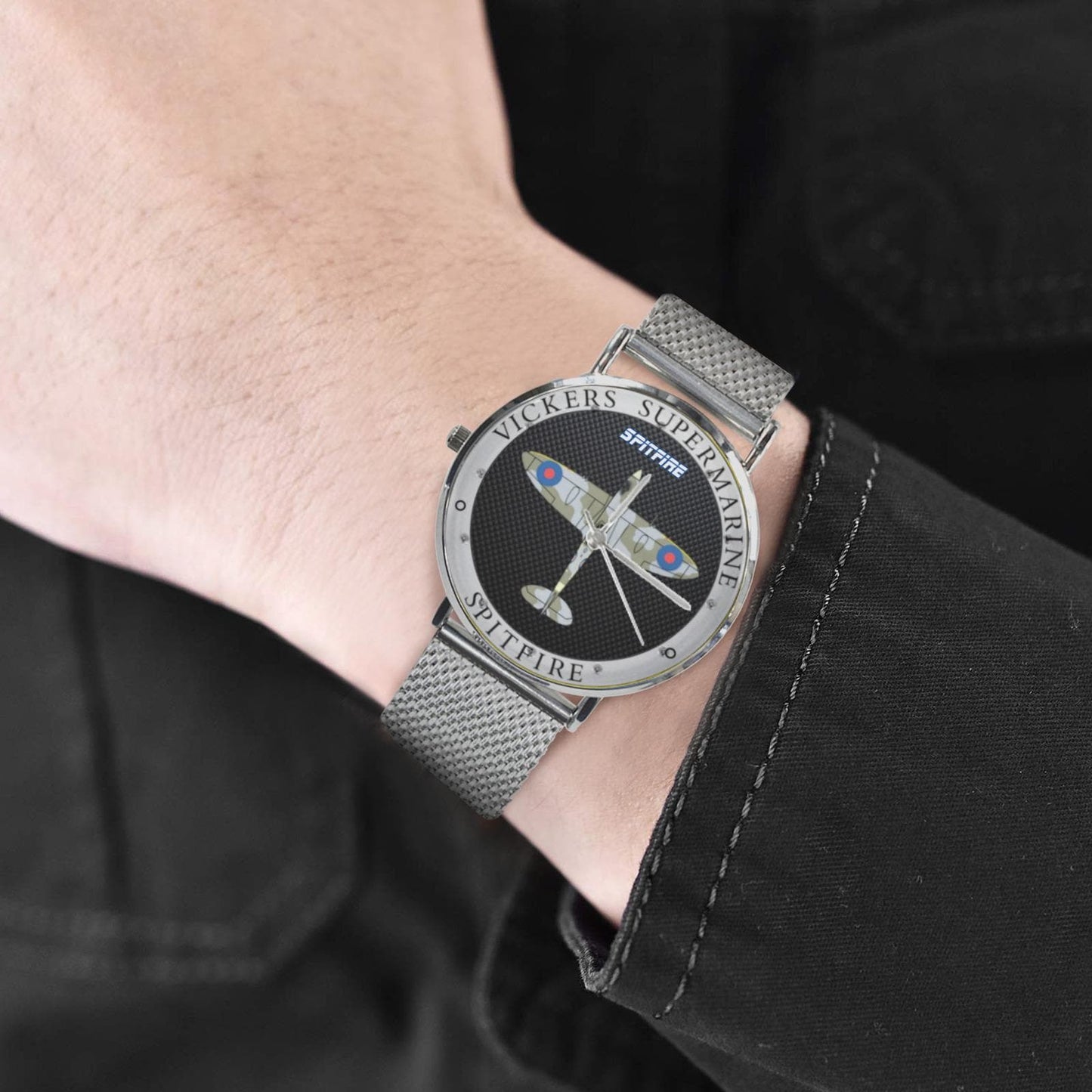 Men's Women's Vickers SuperMarine Spitfire W Black Carbon Fiber Background Waterproof Monogram Silver Stainless Steel Dress Aviator Watch Come With Name Or Name And Rank On Dial...