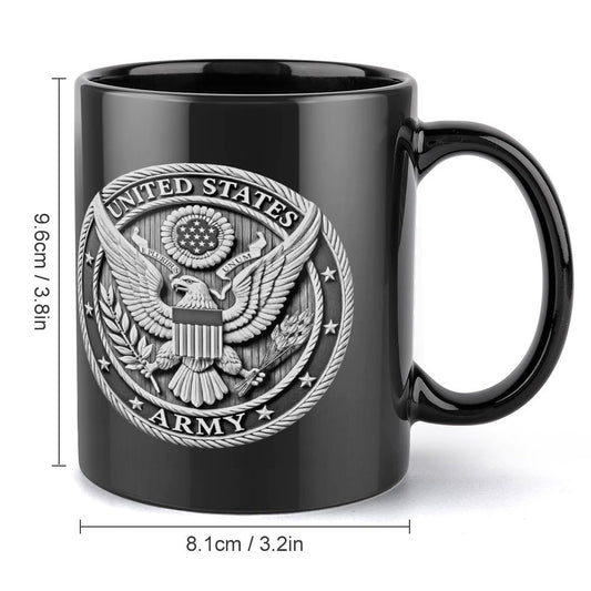 United States Army Silver Emblem On Black Ceramic Coffee Mug (Comes With Your Initials Or Rank And Name Free Of Charge On Mug!)