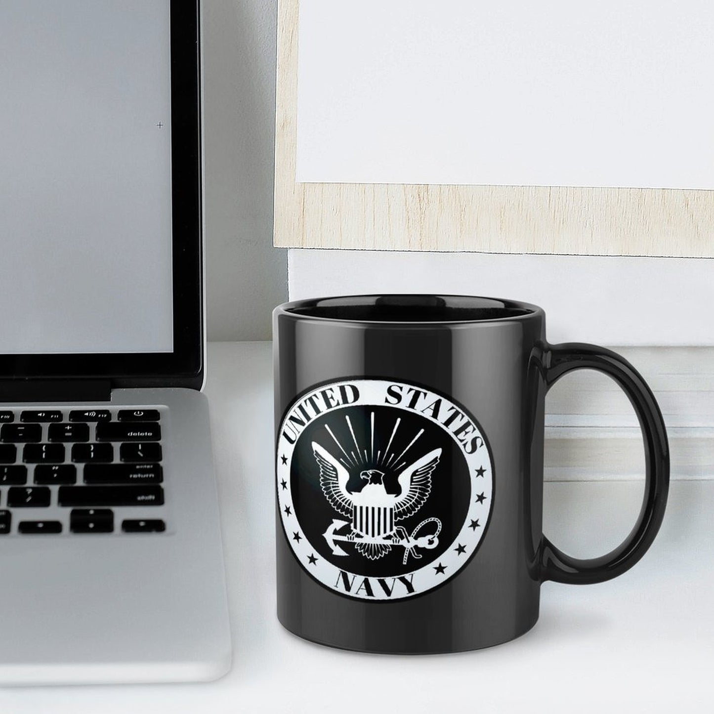 United States Navy White Emblem On Black Ceramic Coffee Mug (Comes With Your Initials Or Rank And Name Free Of Charge On Mug!)