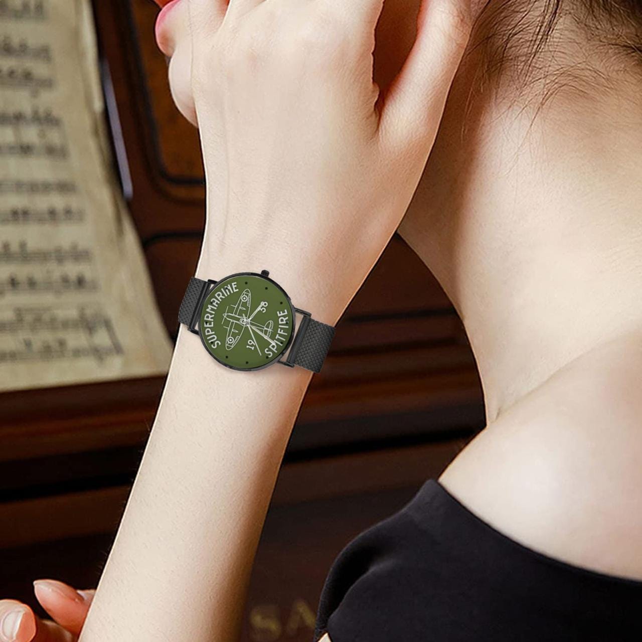 Men's Women's Vickers SuperMarine Green Spitfire Old Fashioned Dial Waterproof Monogram Stainless Steel Dress Aviator Watch Come With Name Or Name And Rank On Dial...