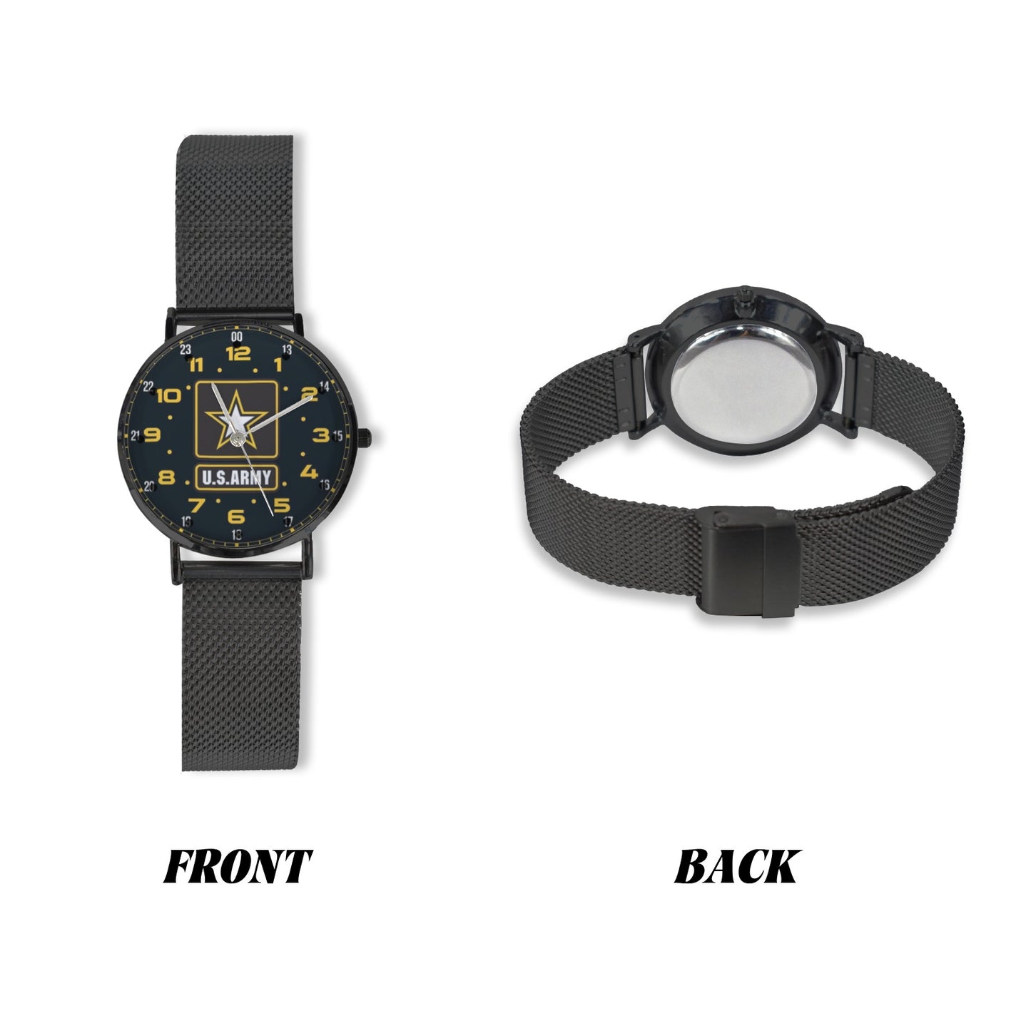 Yellow Black Brown US Army Insignia Dial Black All Stainless Steel Monogram Dress Watch Men's Steel Bracelet Watch Without Numbers Come With Name Or Name And Rank On Dial...