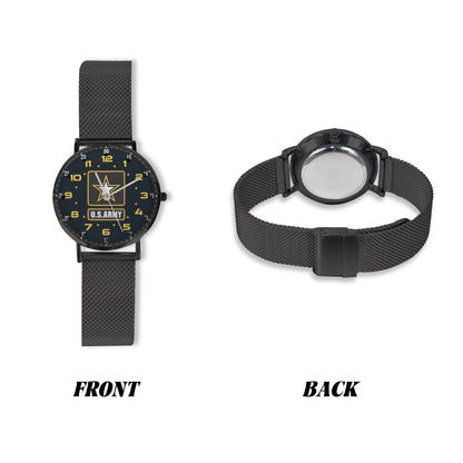 Yellow Black Brown US Army Insignia Dial Black All Stainless Steel Monogram Dress Watch Men's Steel Bracelet Watch Without Numbers Come With Name Or Name And Rank On Dial...