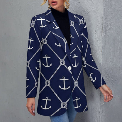 Women's Midnight Blue White Rope & Anchor Pattern Casual Formal Lightweight Blazer Design All Over Print Women's Blazer